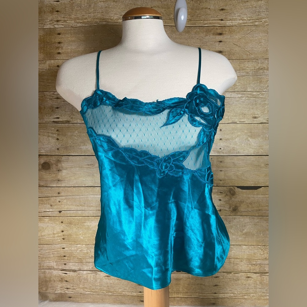 Vintage Victorias Secret Gold Label Cami Top sz M Teal Blue Satin Silky Lace VS